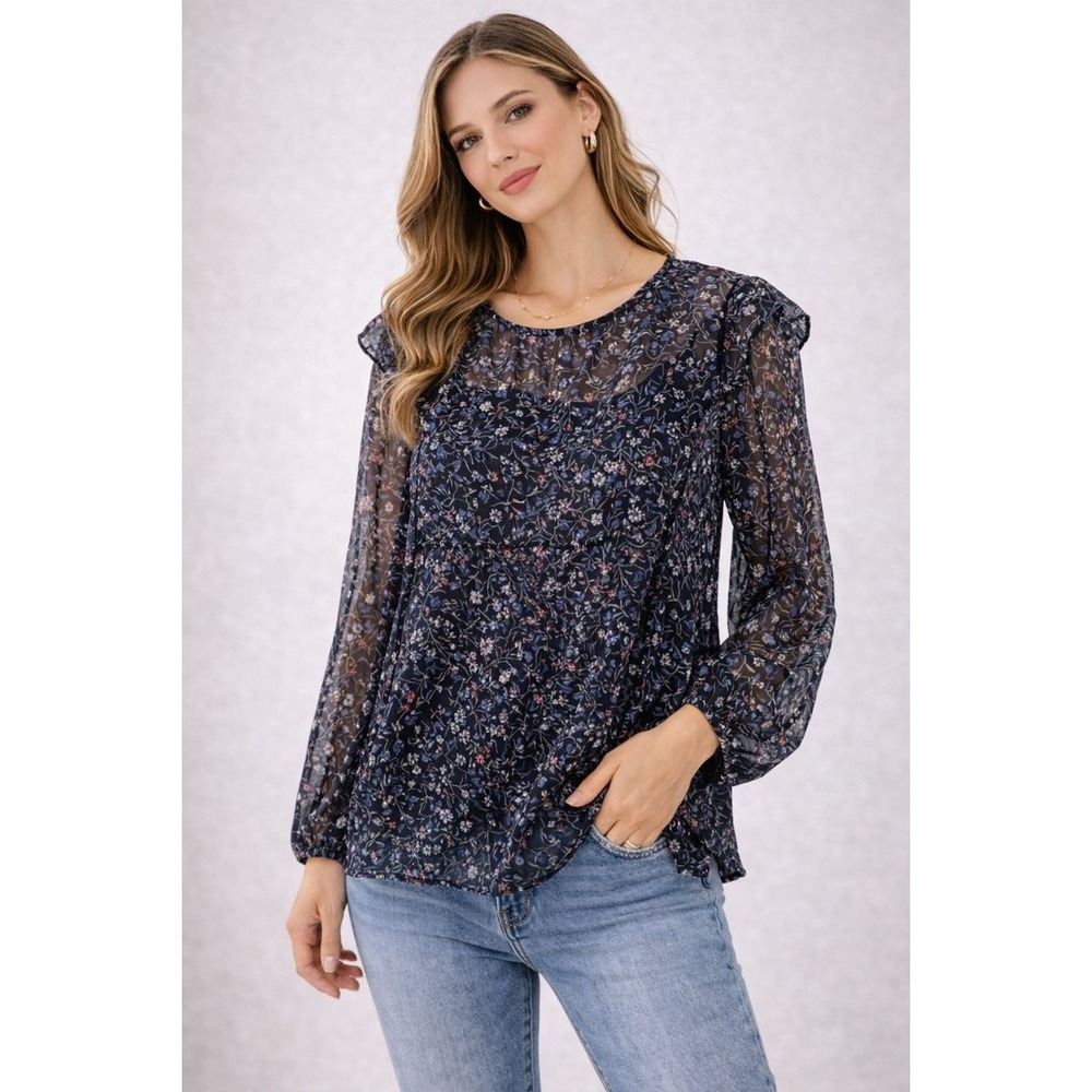 W5‎ Women's L Floral Print Long Sleeve Ruffle Blouse Top